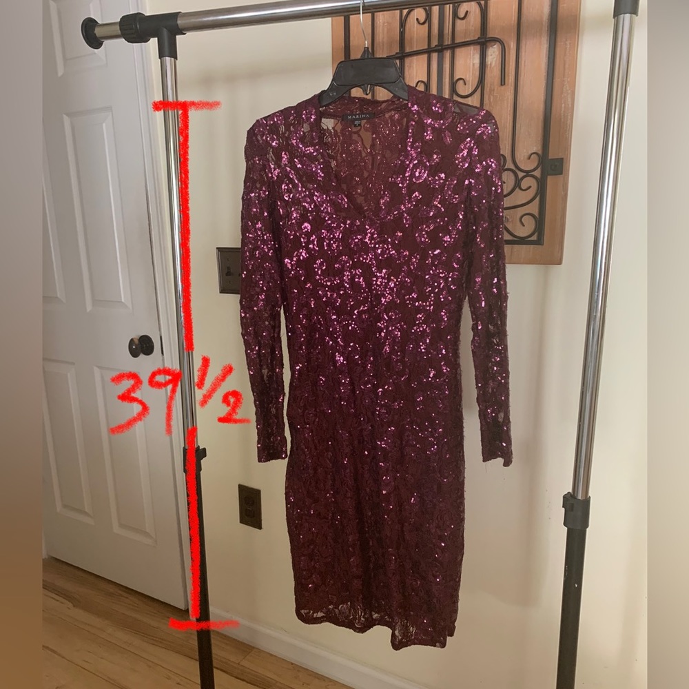 Marina V-neck Sequin & Lace Burgundy Dress, Size 6